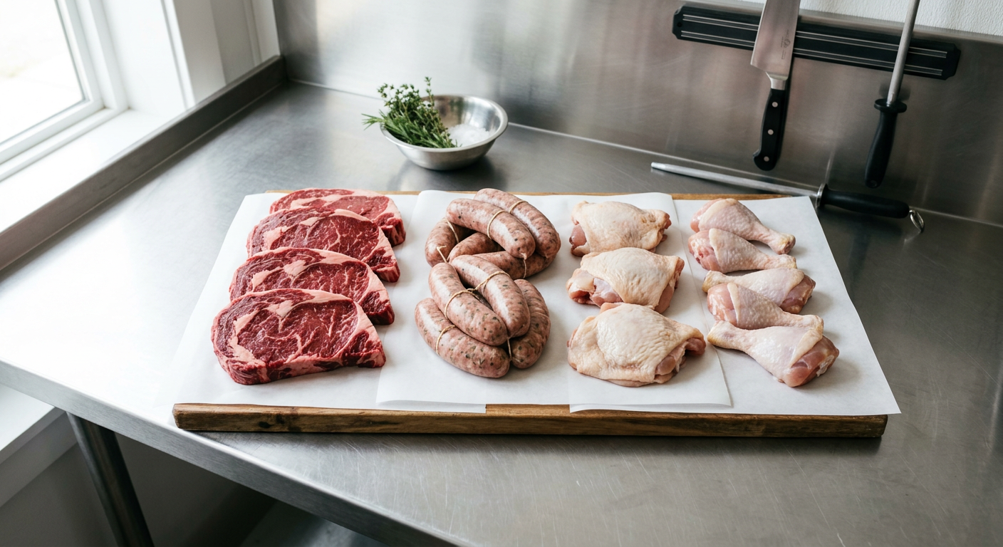 Clean stainless steel preparation bench with fresh cuts of meat and sausages