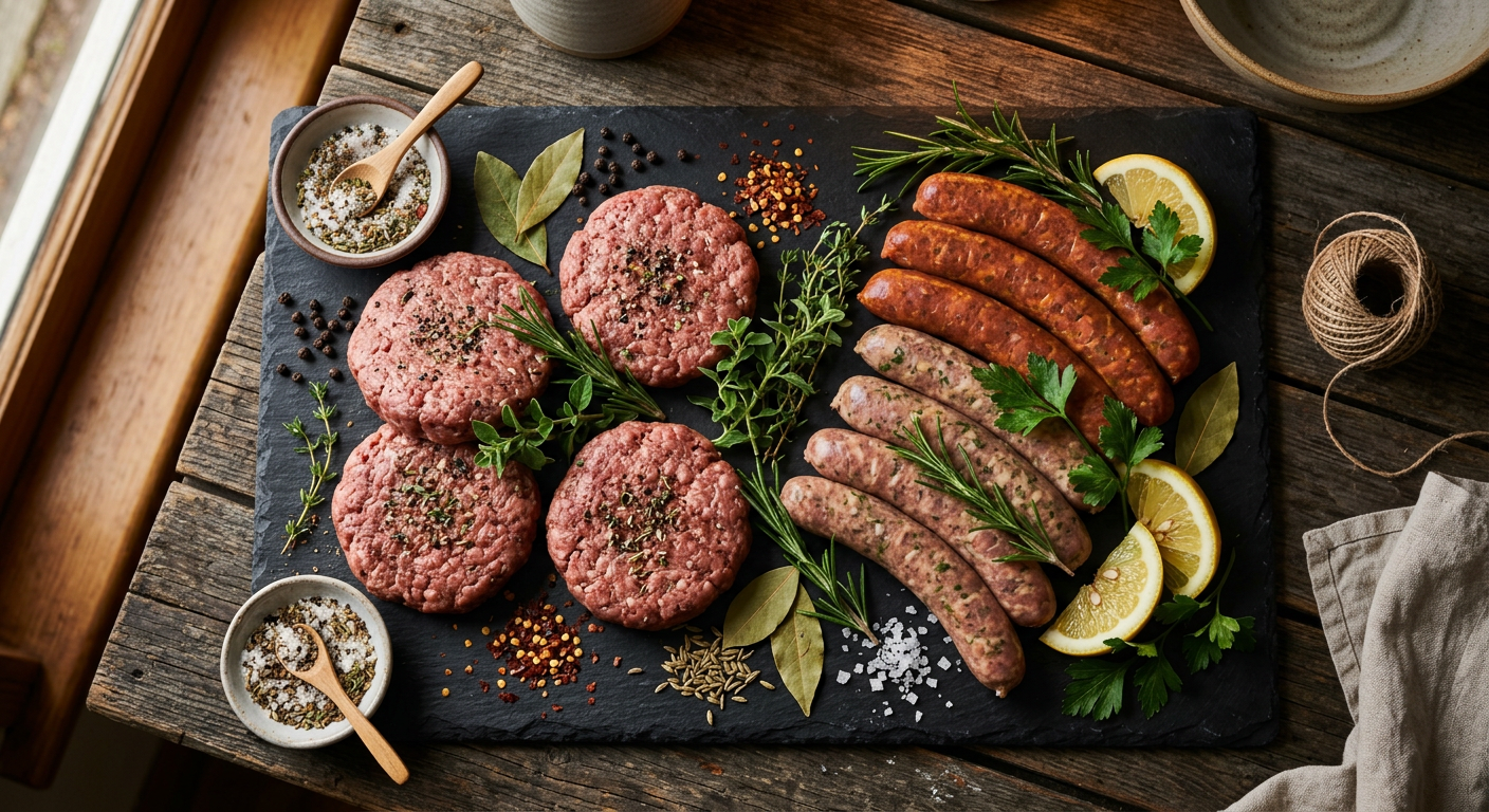 Raw burger patties and sausages on a slate board with herbs and spices